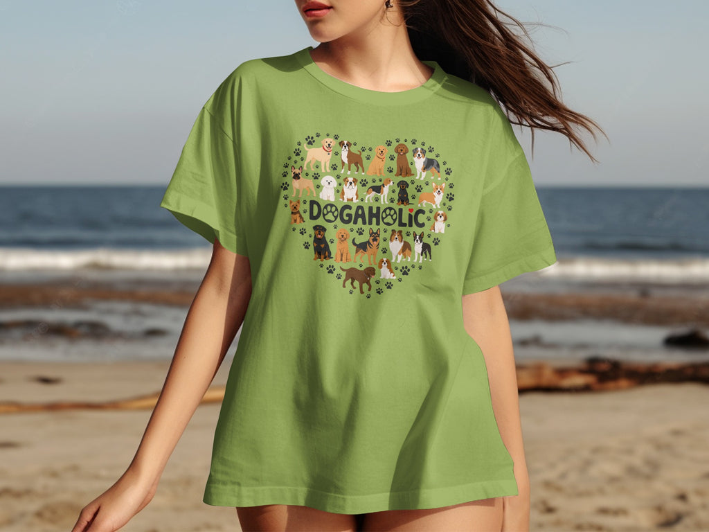 Green t-shirt with heart-shaped dog collage and "DOGAHOLIC" text.