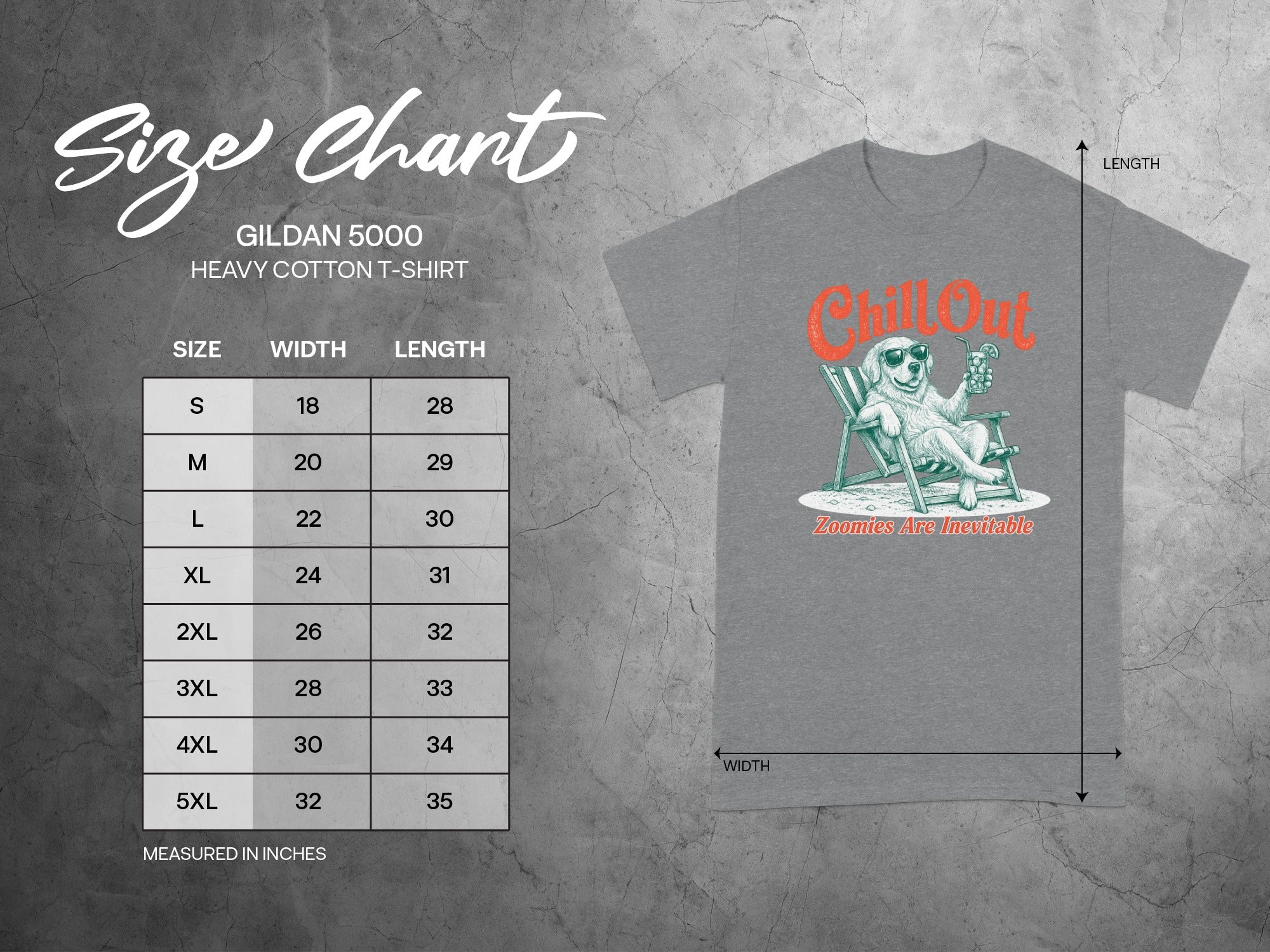 Gildan 5000 size chart with measurements for width and length.