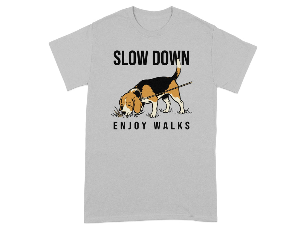 Grey t-shirt with a beagle sniffing the ground and text "SLOW DOWN ENJOY WALKS".