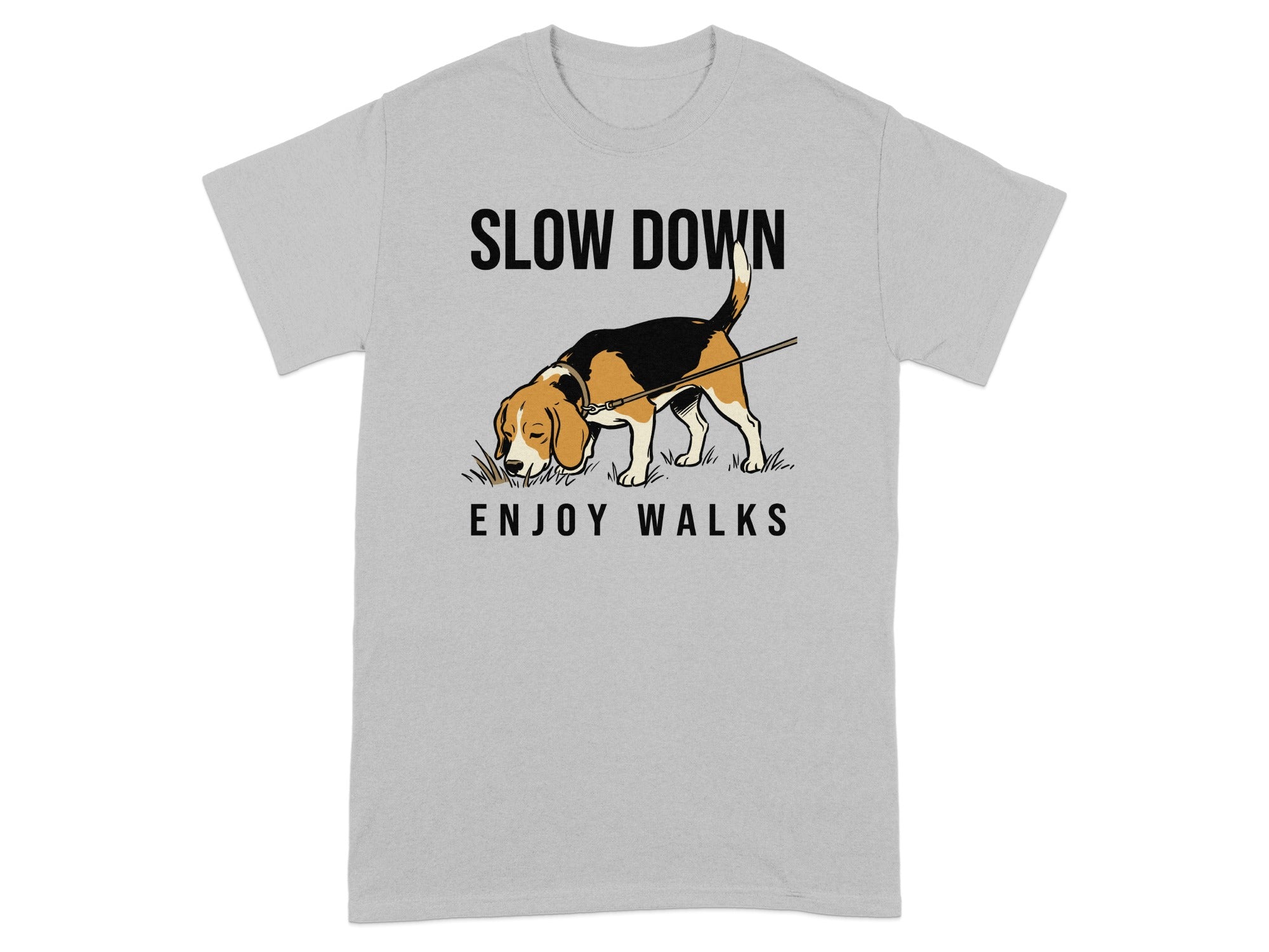 Grey t-shirt with a beagle sniffing the ground and text "SLOW DOWN ENJOY WALKS".