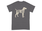 Grey t-shirt featuring a cream-colored pointer dog outline with the word "POINTER" inside.