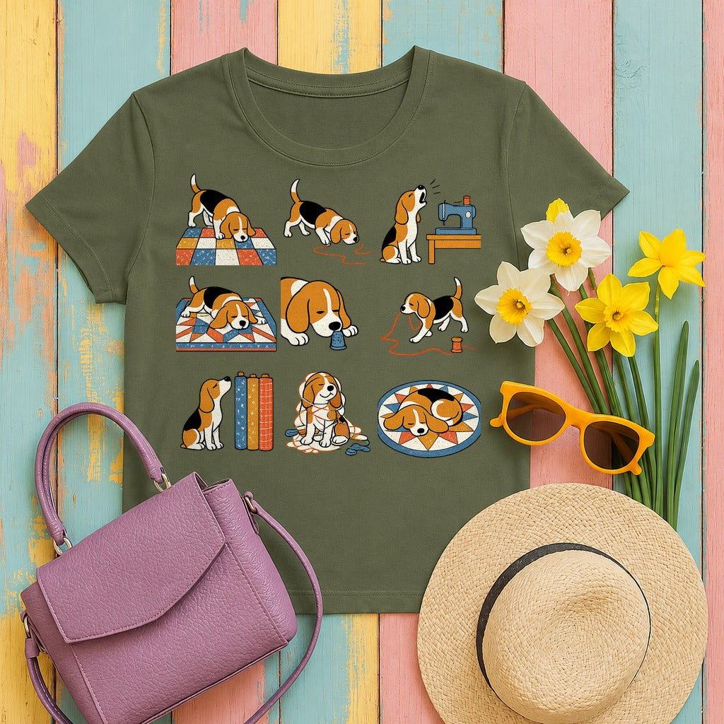Mischievous Beagle Quilting T-Shirt in Military Green
