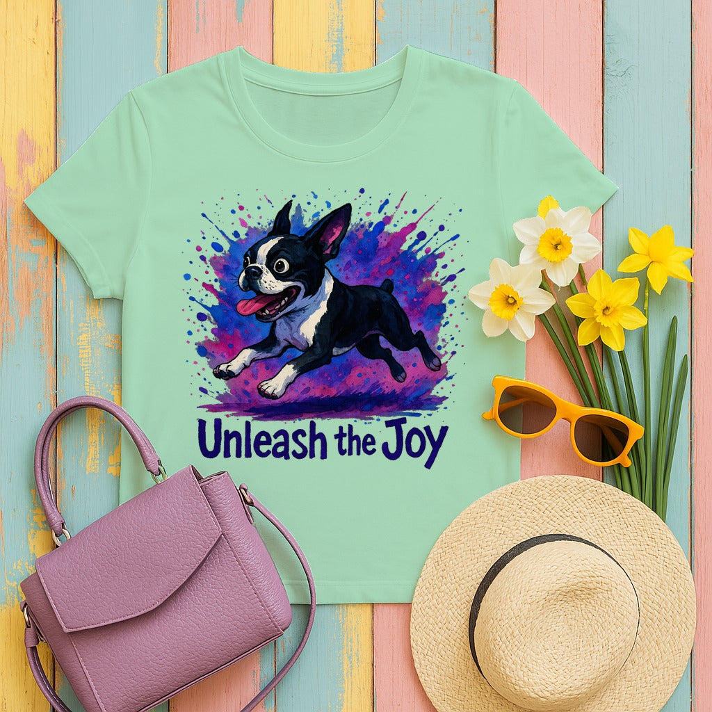 Unleash the Joy Boston Terrier Splash T-Shirt in Mint Green