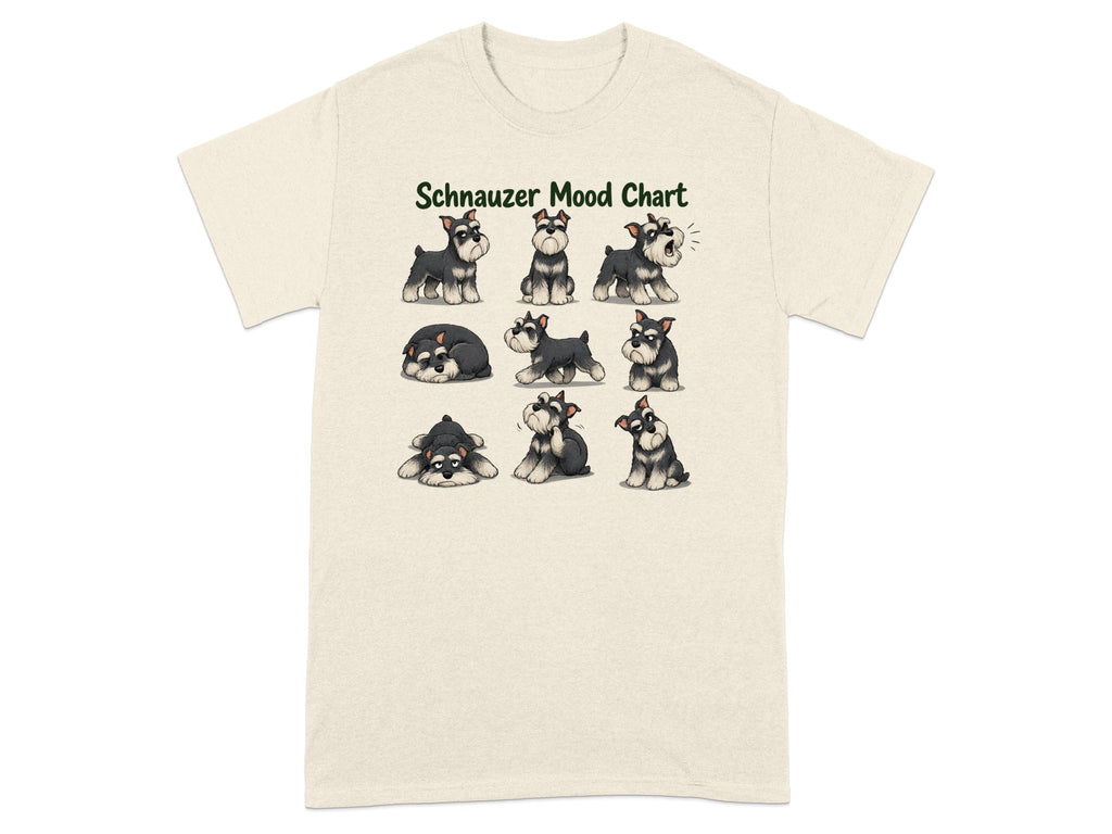 Cream t-shirt with "Schnauzer Mood Chart" and eight illustrations of schnauzers.