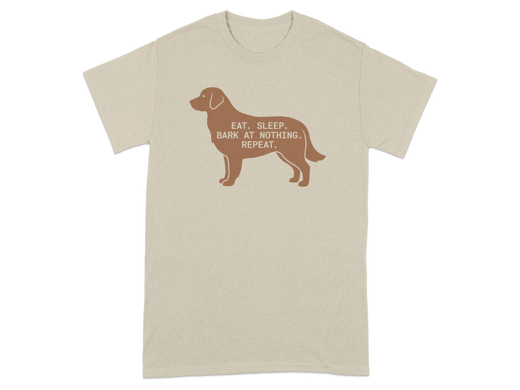 Tan t-shirt with a silhouette of a dog and text that reads "Eat. Sleep. Bark at nothing. Repeat."