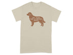 Tan t-shirt with a silhouette of a dog and text that reads "Eat. Sleep. Bark at nothing. Repeat."