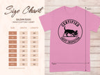 Gildan 5000 t-shirt size chart with "Certified Sniff Inspector" graphic.