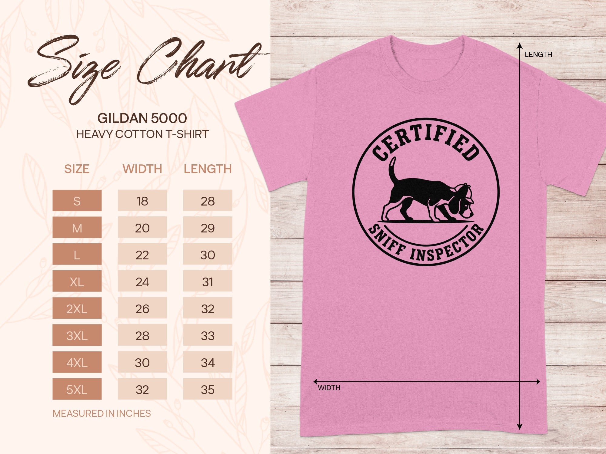 Gildan 5000 t-shirt size chart with "Certified Sniff Inspector" graphic.