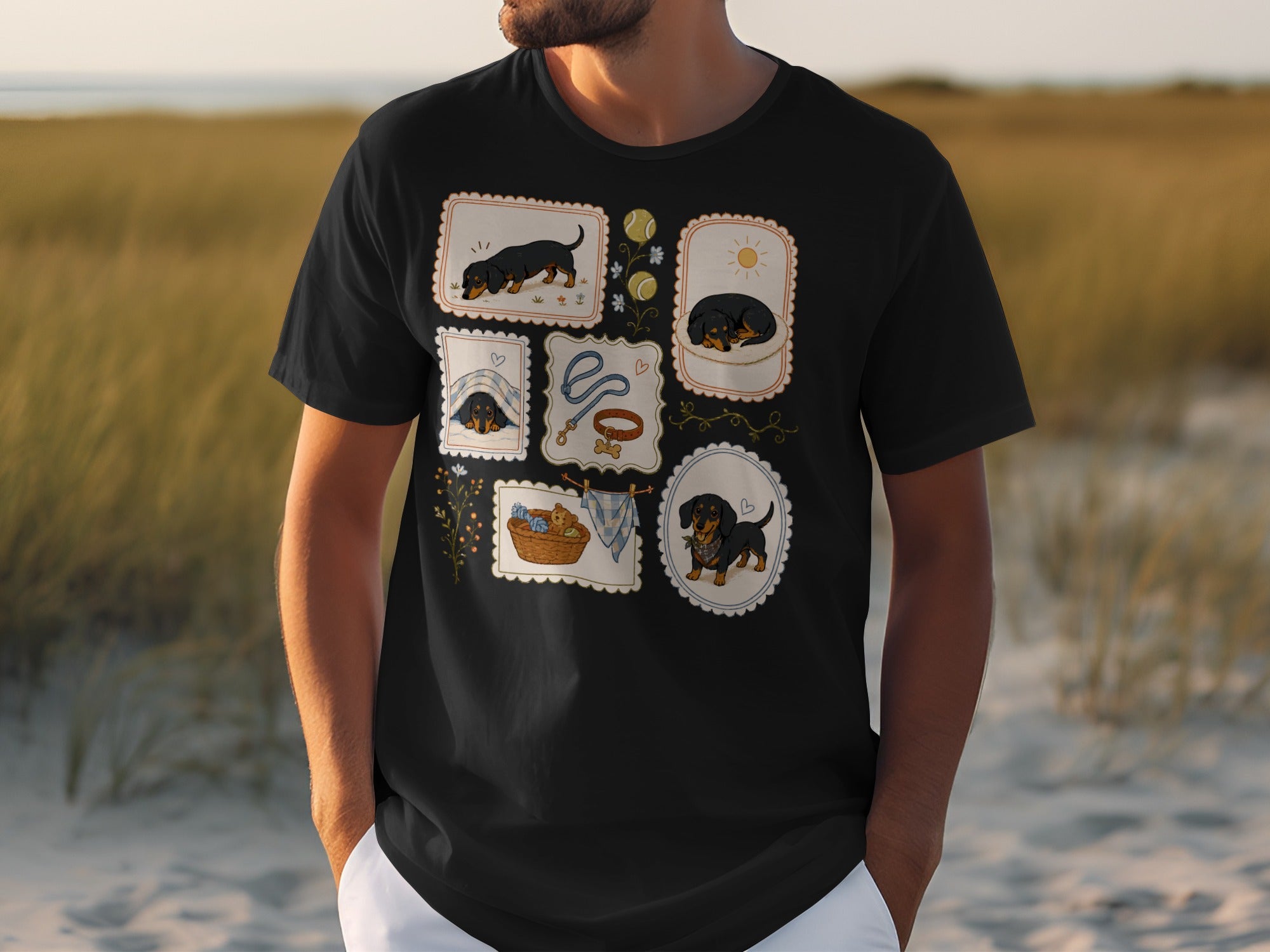 T-shirt with a collage of dachshund illustrations in frames.