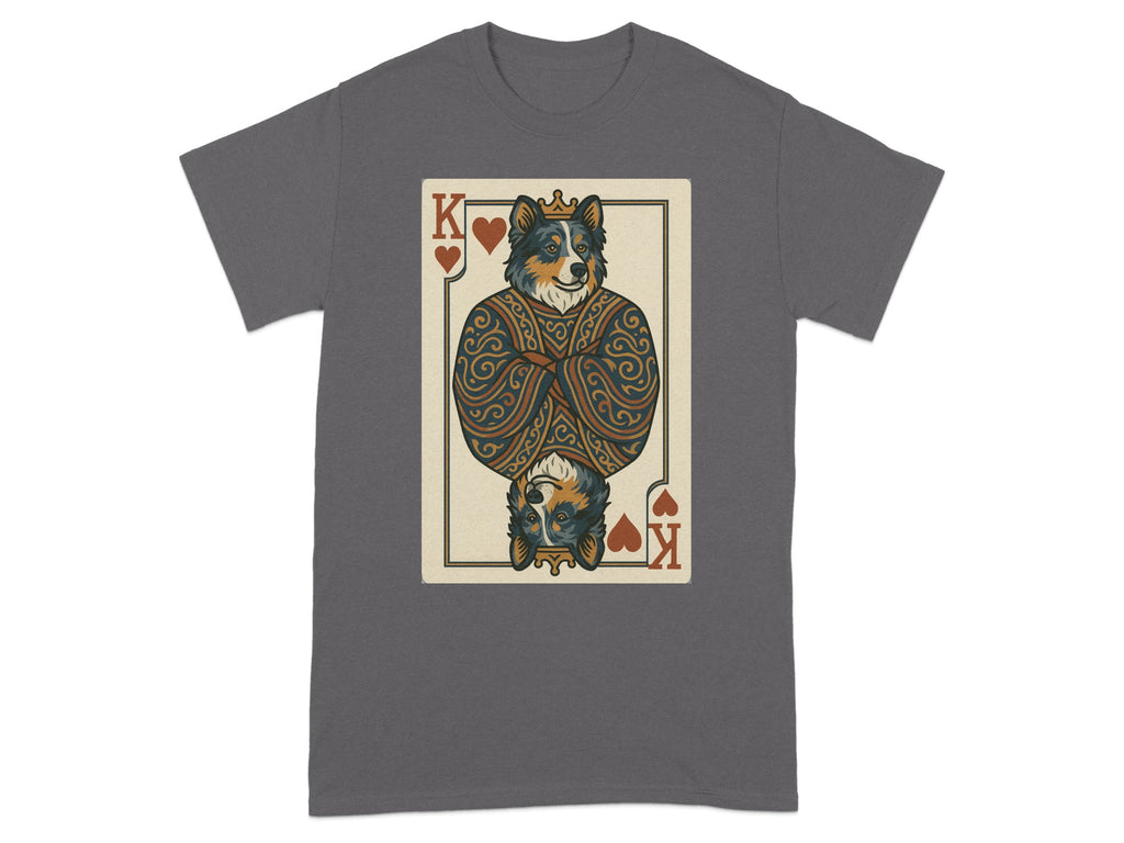 King of Hearts playing card with a dog's head, centered on a grey t-shirt.