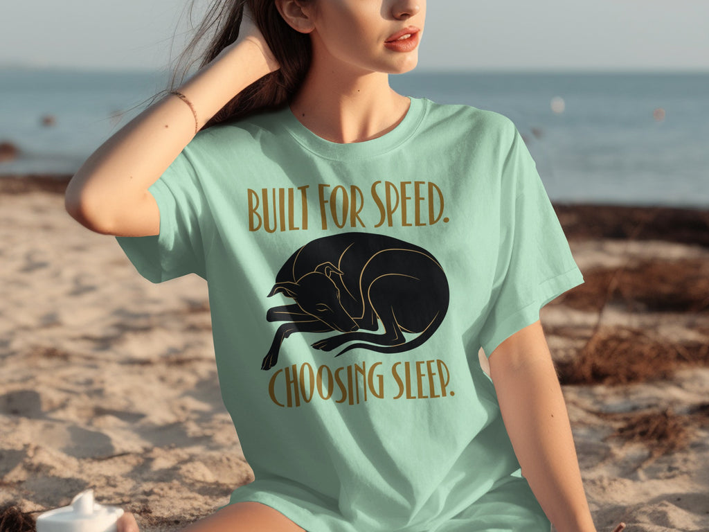 Mint green t-shirt with sleeping black dog graphic and text.