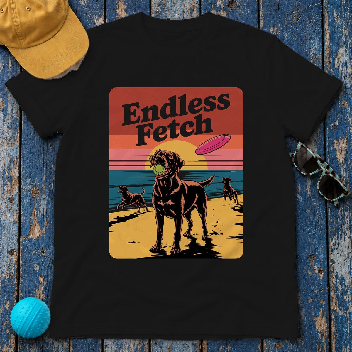 Endless Fetch Graphic with Labrador Beach T-Shirt in Black