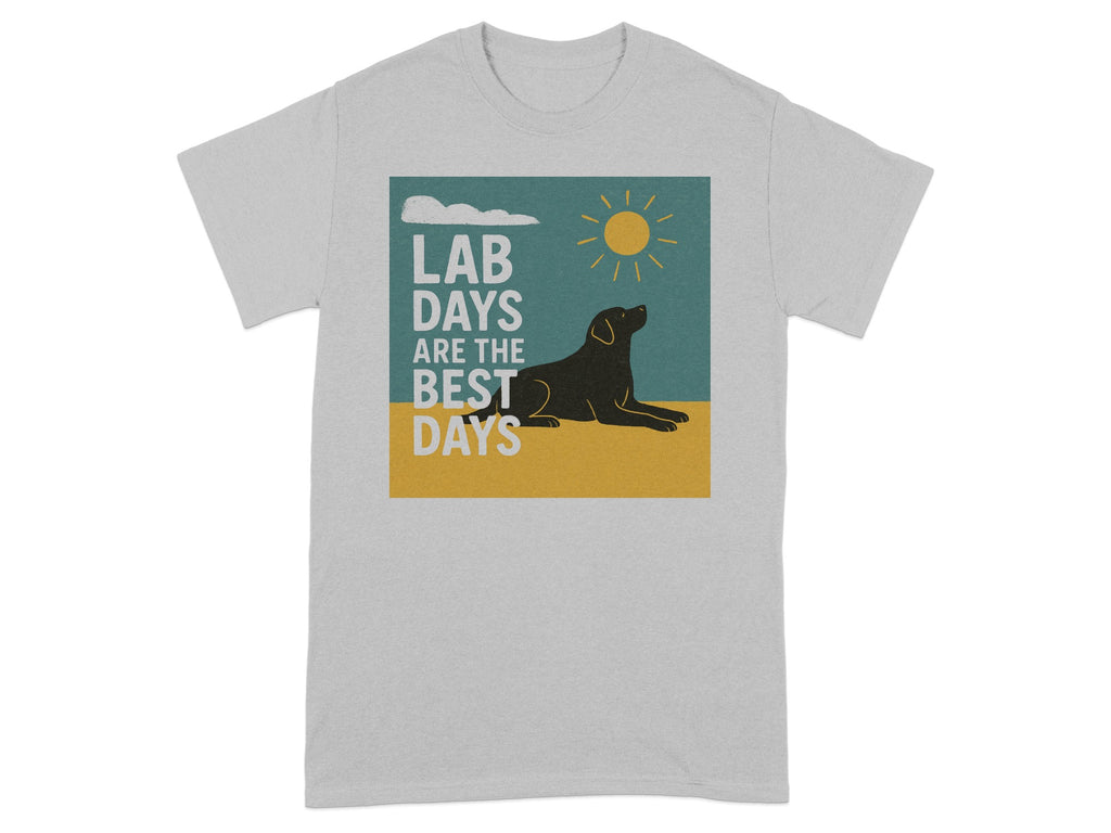 Grey t-shirt with text "Lab Days Are The Best Days" and a black dog.