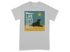 Grey t-shirt with text "Lab Days Are The Best Days" and a black dog.