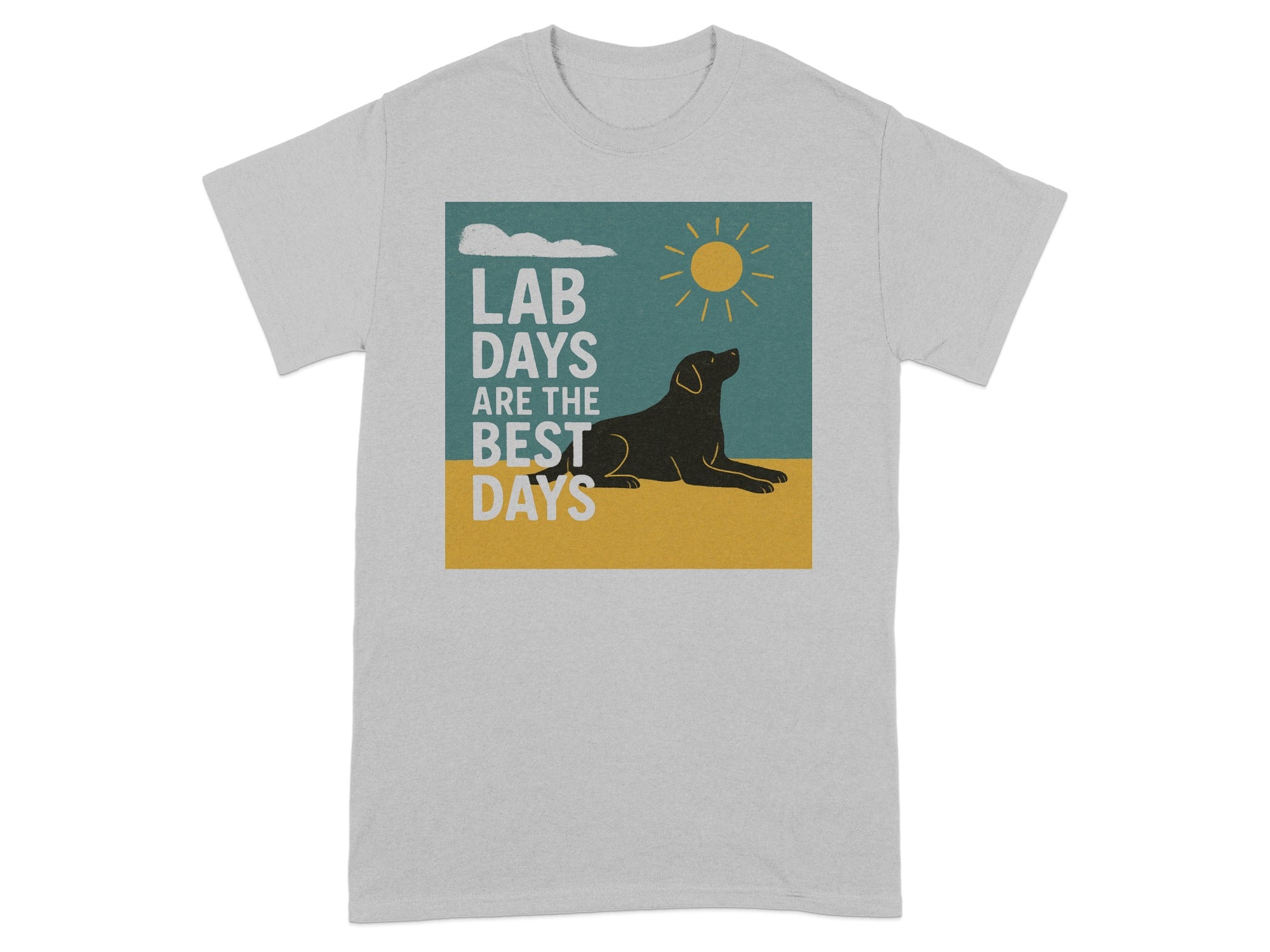 Grey t-shirt with text "Lab Days Are The Best Days" and a black dog.