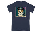 Navy t-shirt with a stylized Australian Shepherd dog portrait and text "ENDLESS HUNGER."