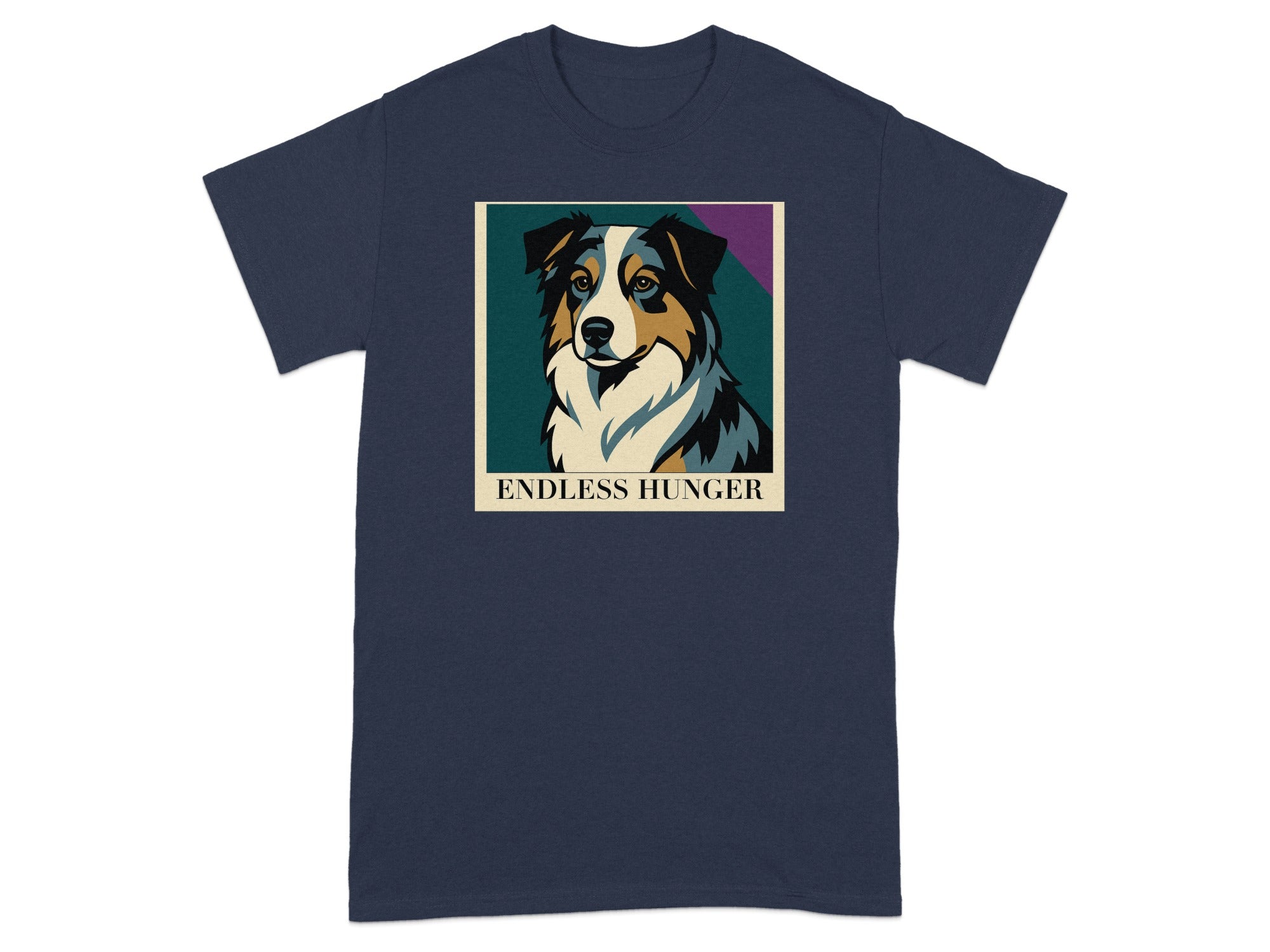 Navy t-shirt with a stylized Australian Shepherd dog portrait and text "ENDLESS HUNGER."