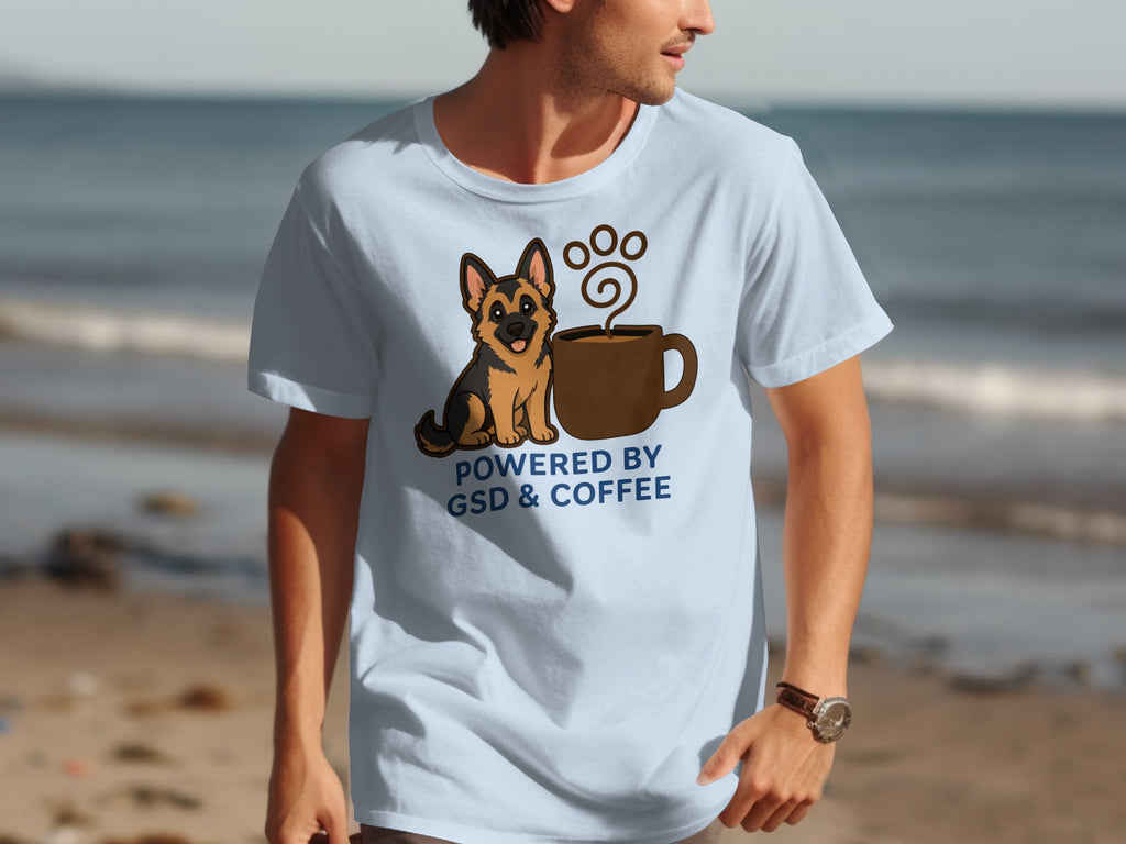 Light blue t-shirt with German Shepherd and coffee cup graphic.