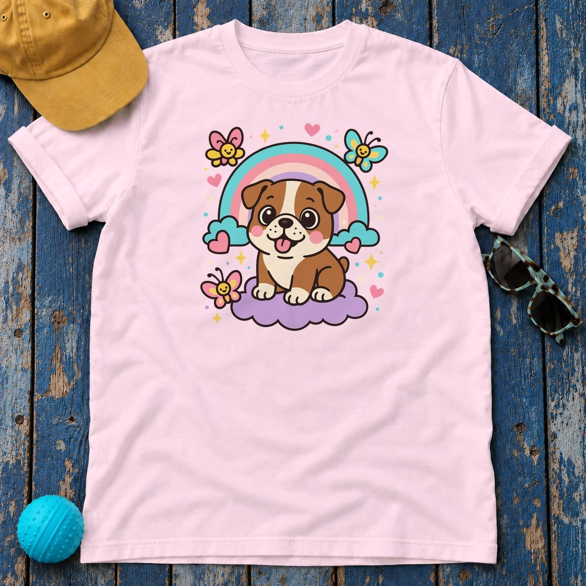 Adorable English Bulldog with Rainbow T-Shirt in Light Pink