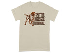 Light beige t-shirt with brown dog and text "SPOTTED. OBSESSED. UNSTOPPABLE."