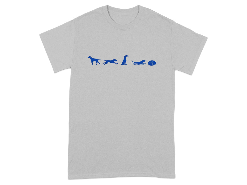 Blue silhouette line art of dogs in various poses on a light grey shirt.