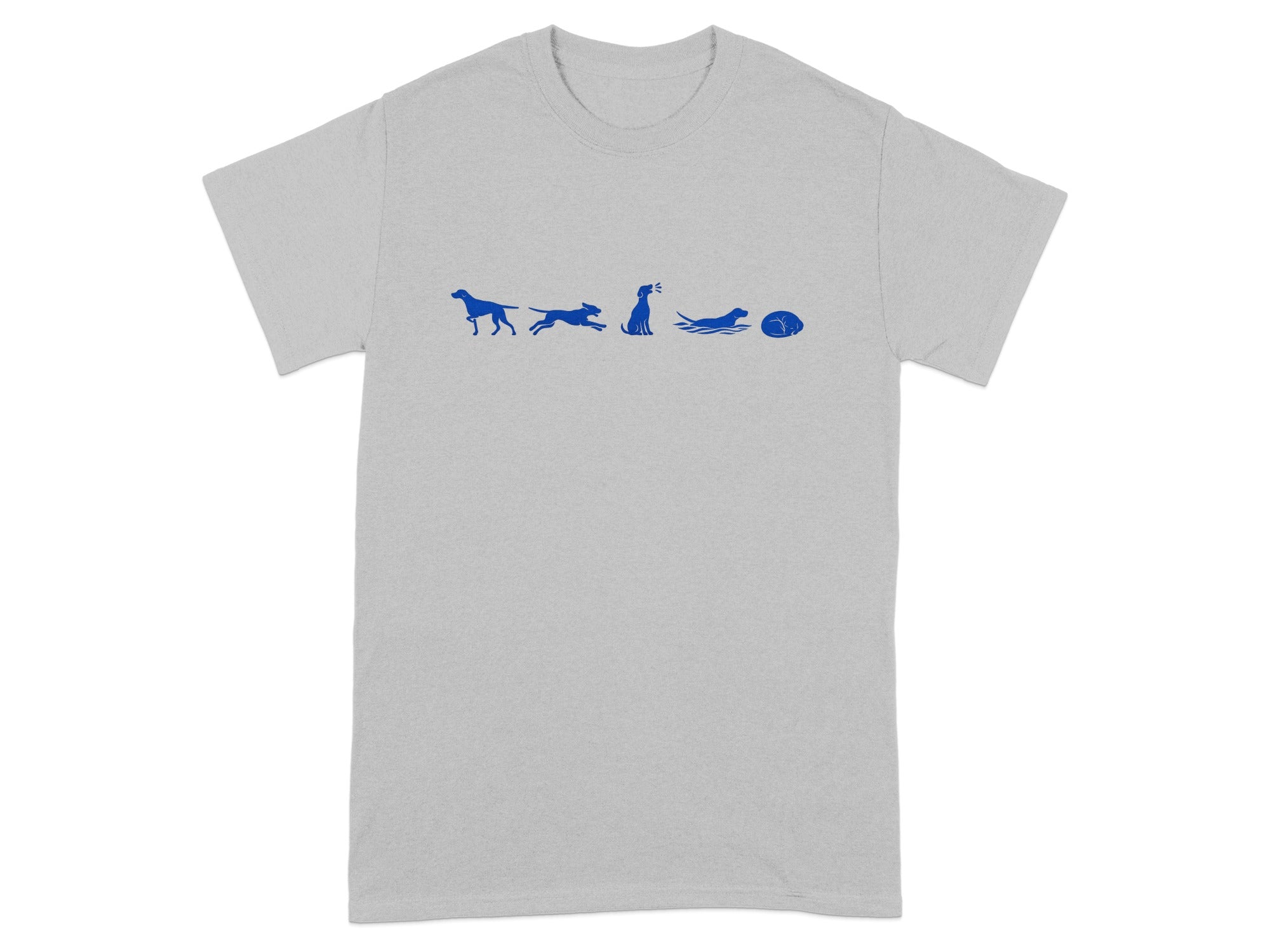 Blue silhouette line art of dogs in various poses on a light grey shirt.