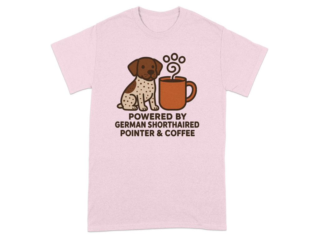 Pink t-shirt with cartoon German Shorthaired Pointer and coffee cup graphic.