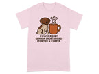 Pink t-shirt with cartoon German Shorthaired Pointer and coffee cup graphic.