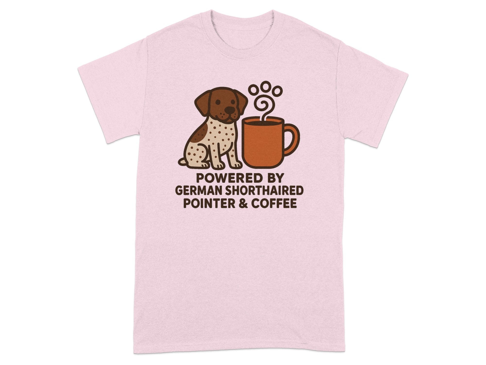 Pink t-shirt with cartoon German Shorthaired Pointer and coffee cup graphic.