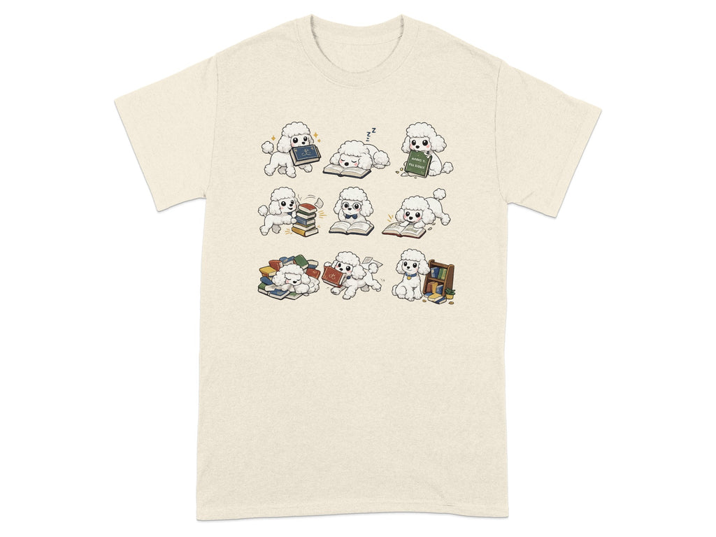 T-shirt with cream background featuring nine white poodles interacting with books.