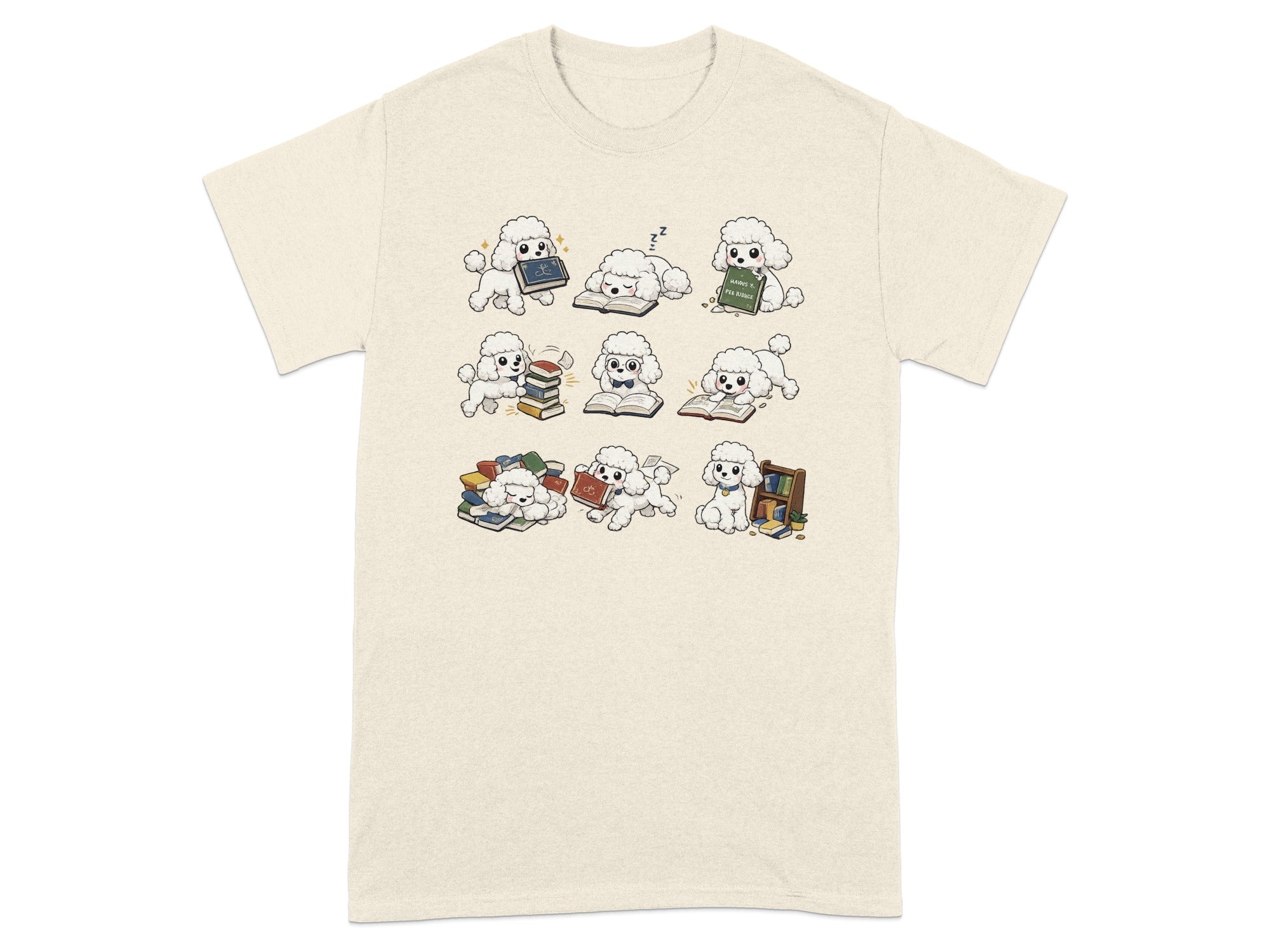 T-shirt with cream background featuring nine white poodles interacting with books.