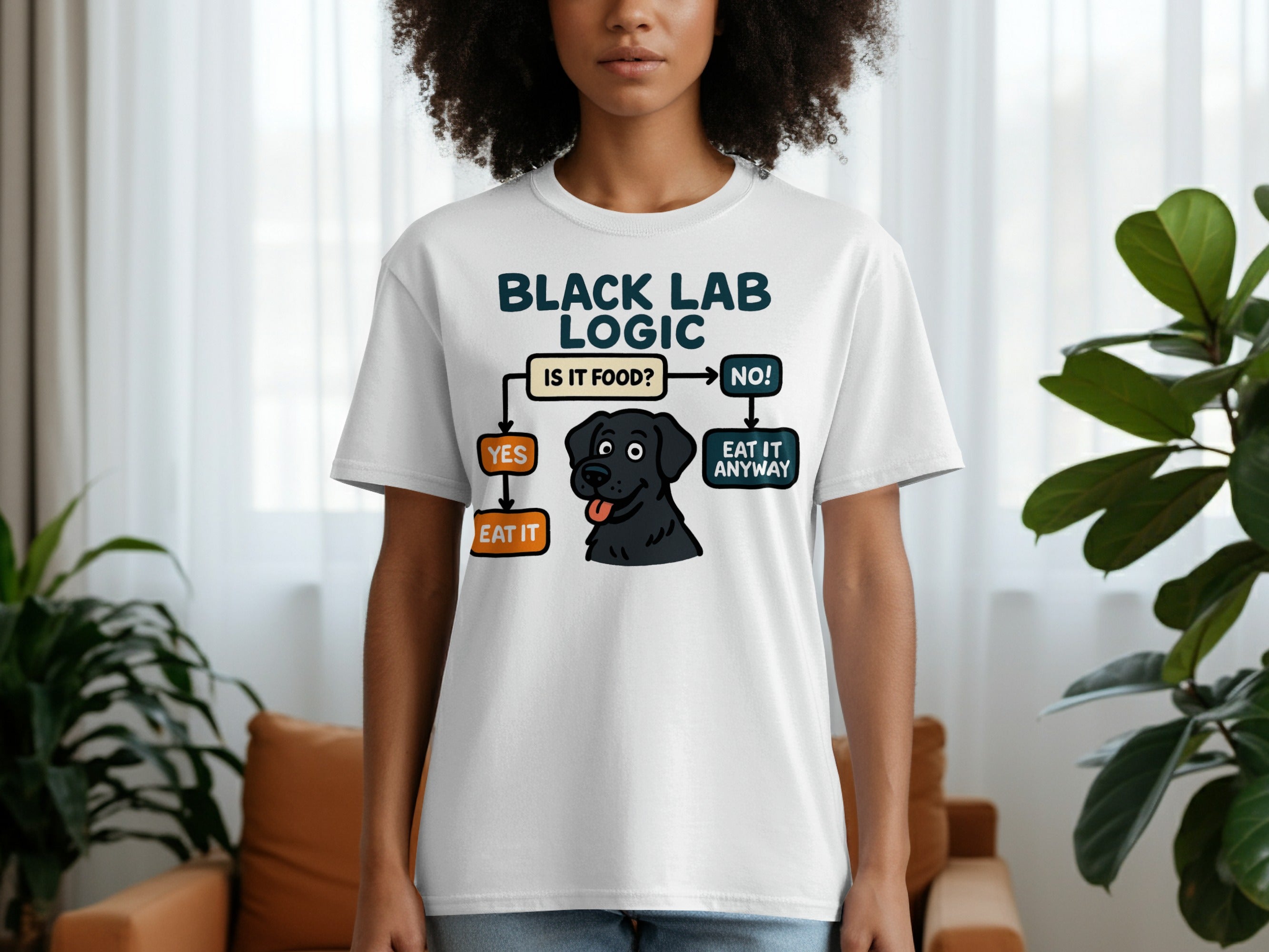 White t-shirt with "Black Lab Logic" flowchart and a cartoon dog.