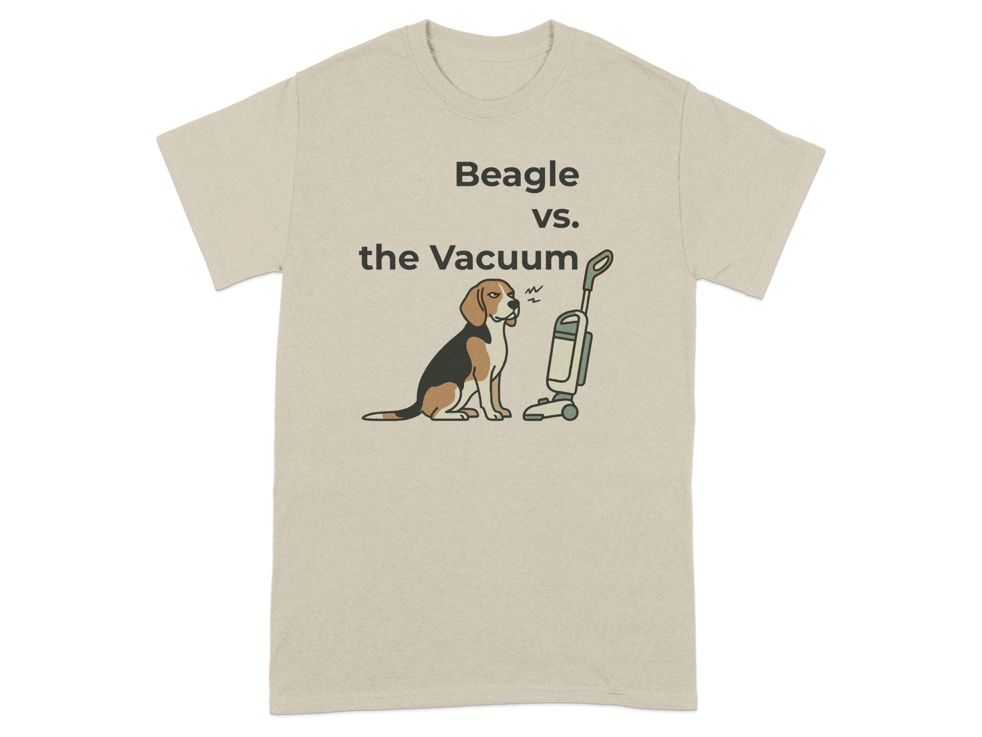 Beagle sits near a vacuum cleaner with text "Beagle vs. the Vacuum".