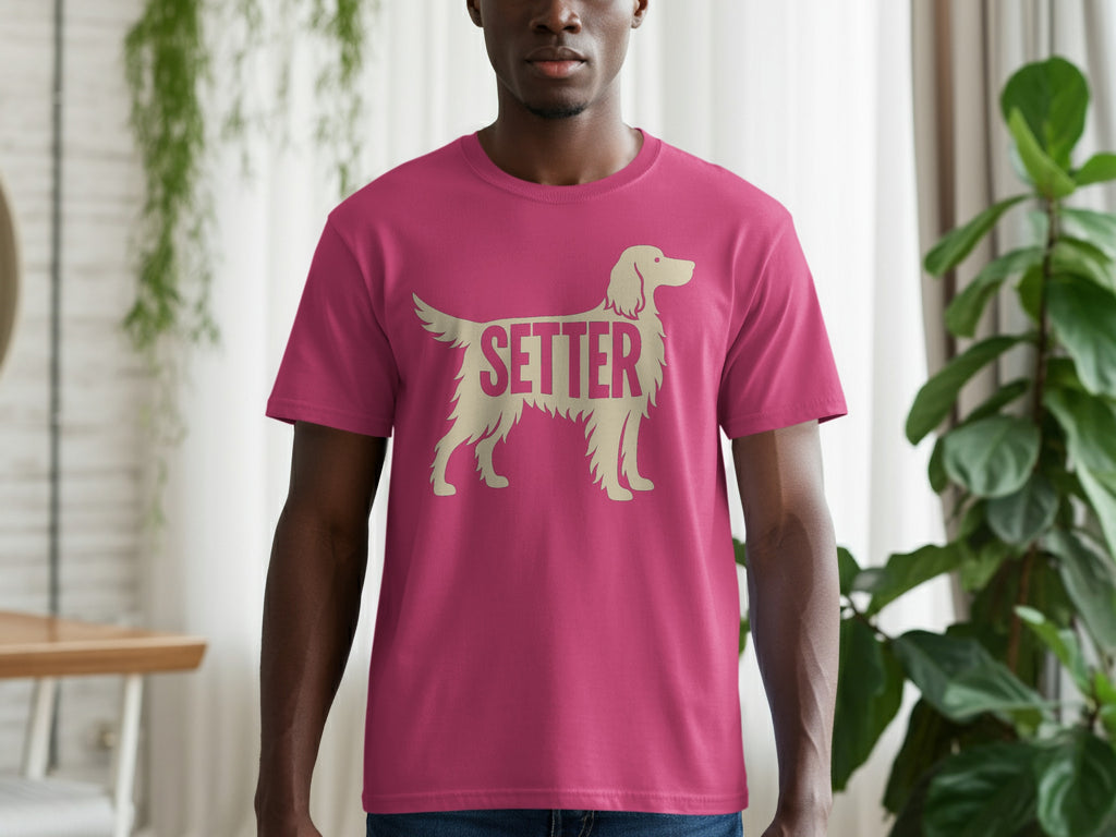 Pink t-shirt with a silhouette of a setter dog and the word "SETTER".