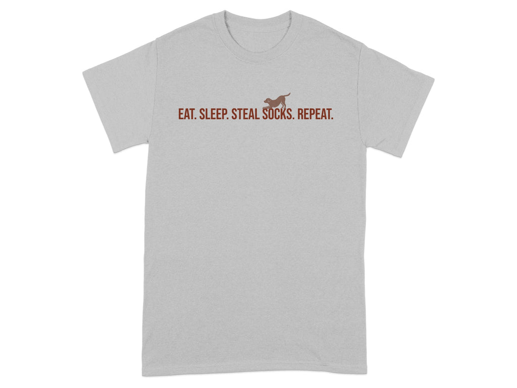 Gray t-shirt with "EAT. SLEEP. STEAL SOCKS. REPEAT." text and a small dog graphic.