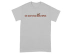 Gray t-shirt with "EAT. SLEEP. STEAL SOCKS. REPEAT." text and a small dog graphic.