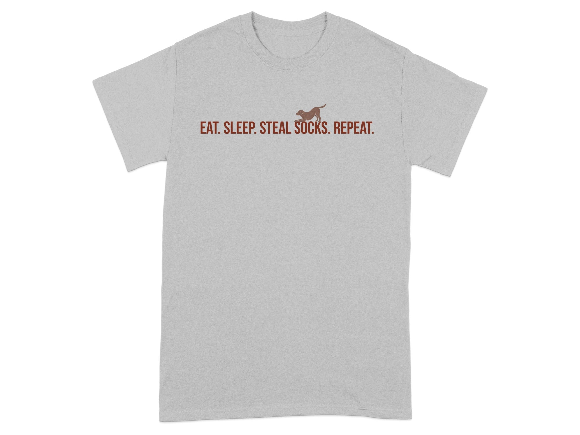 Gray t-shirt with "EAT. SLEEP. STEAL SOCKS. REPEAT." text and a small dog graphic.