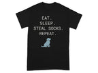 Black t-shirt with "Eat. Sleep. Steal Socks. Repeat." and dog silhouette.