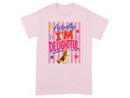Pink t-shirt with "Actually I'M DELIGHTFUL" and a beagle.