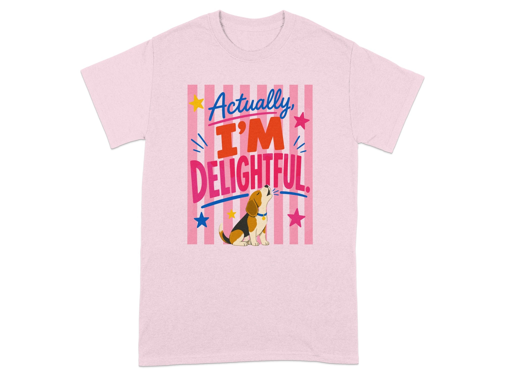 Pink t-shirt with "Actually I'M DELIGHTFUL" and a beagle.