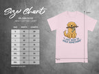 Gildan 5000 heavy cotton t-shirt size chart with cartoon dog holding stick.