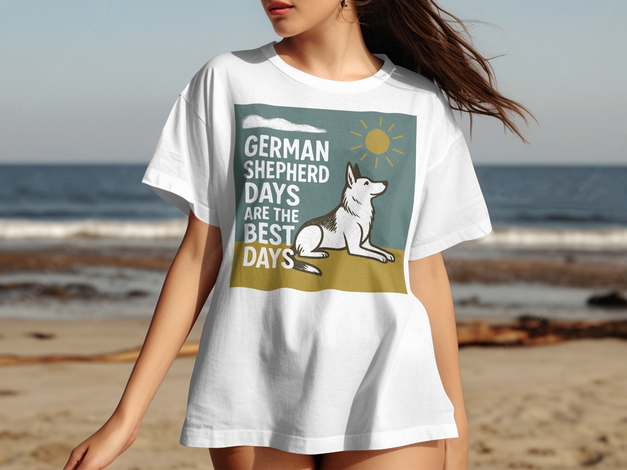 White t-shirt with German Shepherd graphic and text "German Shepherd Days Are The Best Days".