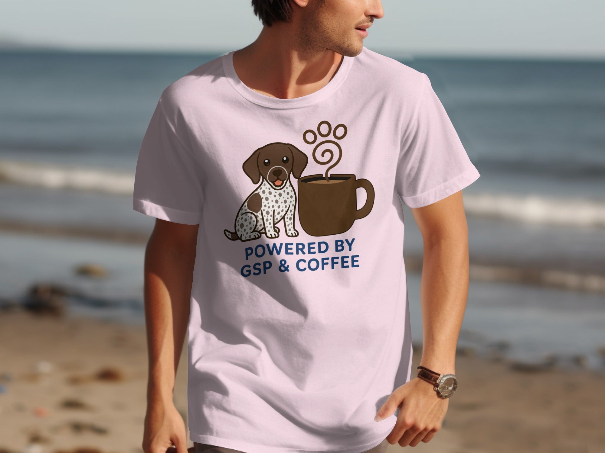 Pink t-shirt with German Shorthaired Pointer and coffee cup graphic.