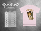 Gildan 5000 t-shirt size chart and graphic of a dog peeking around a door.