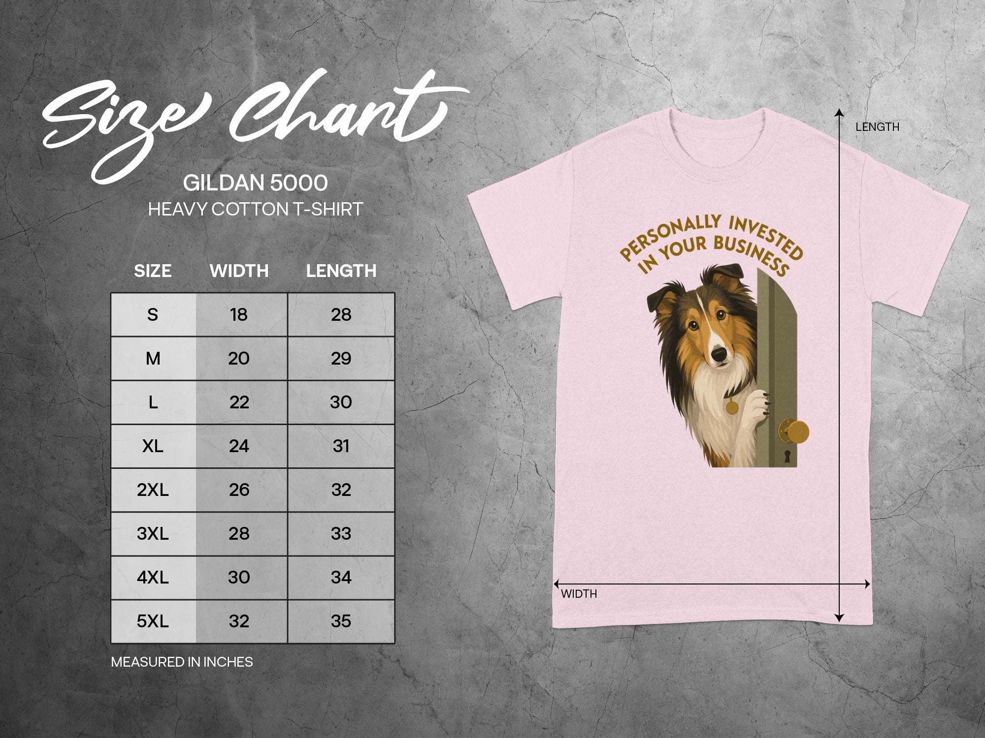 Gildan 5000 t-shirt size chart and graphic of a dog peeking around a door.