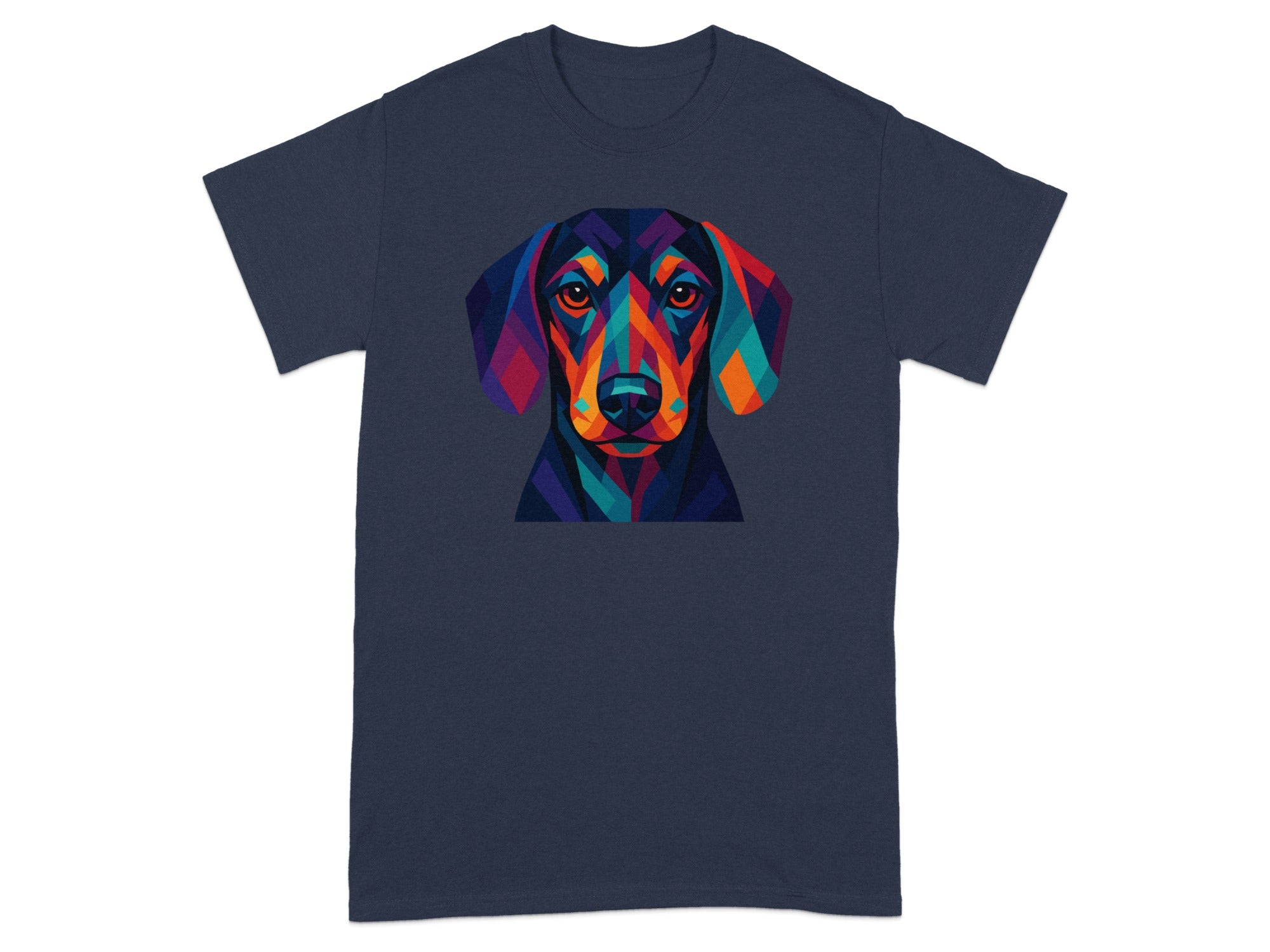 Colorful Geometric Dog Print on Navy T-Shirt