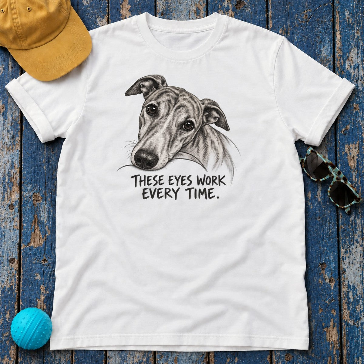 These Eyes Work Every Time Greyhound T-Shirt in White - flat lay