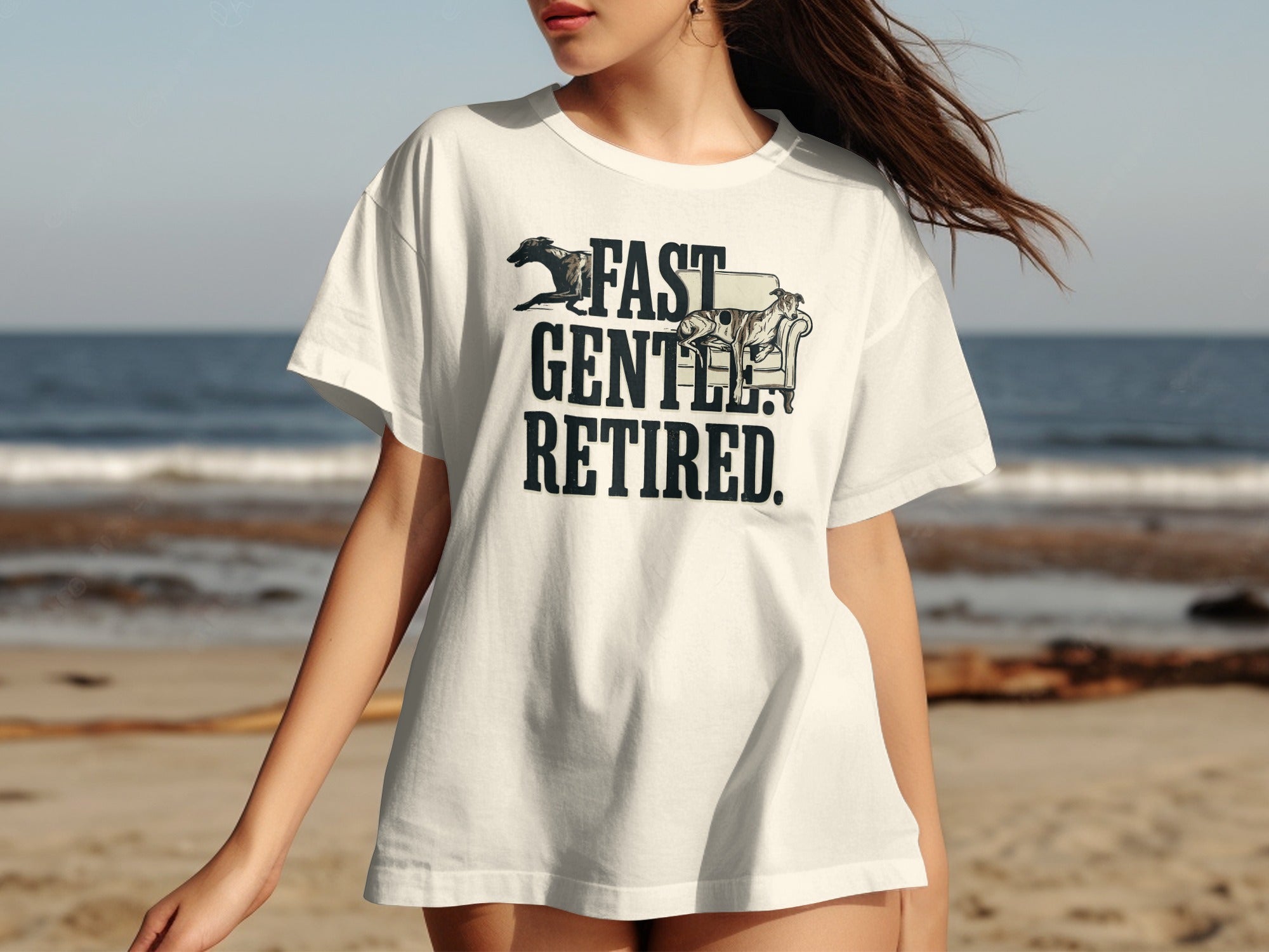 White t-shirt with "FAST. GENTLE. RETIRED." text and dog on a couch graphic.