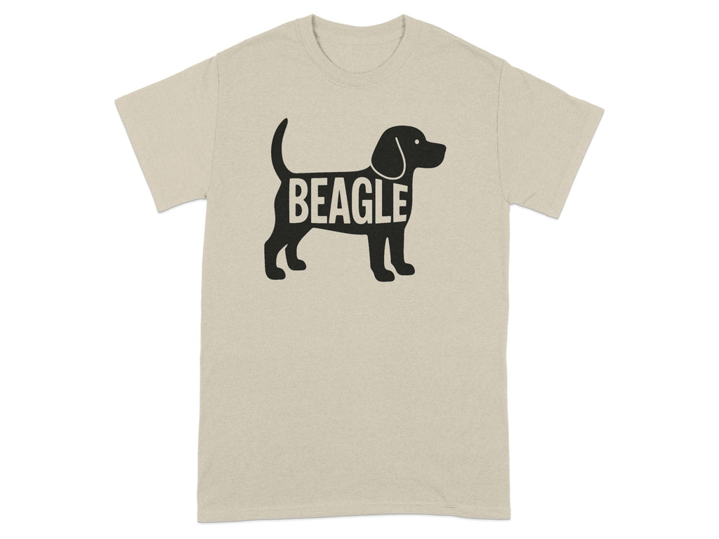 Tan t-shirt with a black silhouette of a beagle dog with the word "BEAGLE" inside.