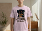 Pink t-shirt with a Rottweiler portrait and text "REFINED. ROTTIE. ROTTIE."